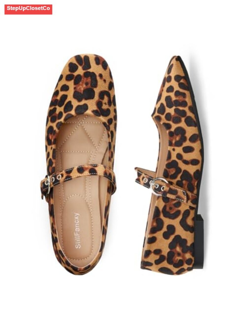 Leopard Print Ballet Flats Faux Leather Buckle Strap Square Toe Slip On